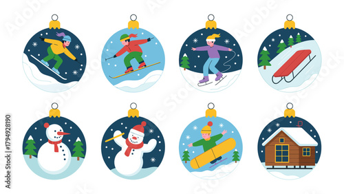 Winter Holiday Ornaments: Capturing the festive essence, this illustration showcases a collection of unique ornaments, each depicting a delightful winter activity or theme.