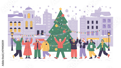 Festive gathering amidst winter joy: a vibrant illustration showcasing a jubilant assembly of individuals celebrating the spirit of the winter season and holiday joy.