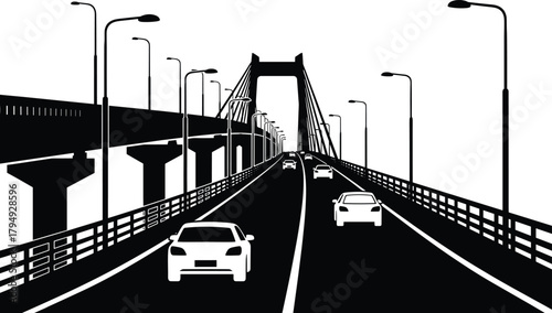 Black and white illustration of cars on a suspension bridge, bridge, suspension bridge, road, highway, traffic, cars, vehicles, transportation, travel, journey, commute, city, urban, infrastructure, a