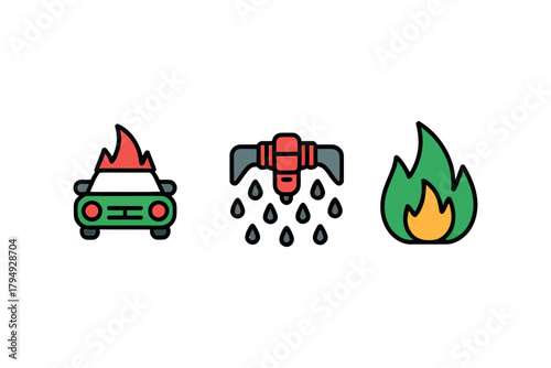 Three colorful icons depicting a car on fire a sprinkler and a green flame against a white background vector, illustration, artwork