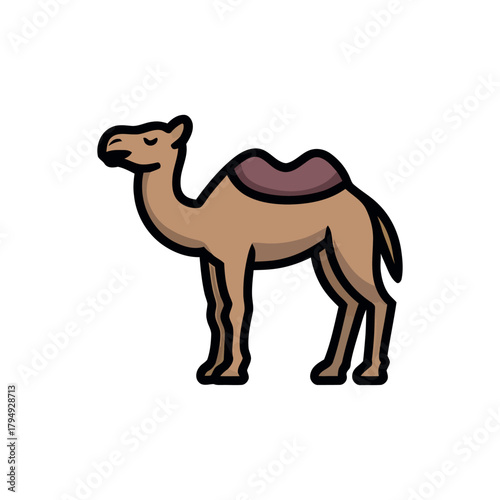 A simple cartoon illustration of a brown camel with a saddle on its back against a white/PNG background vector, illustration, artwork