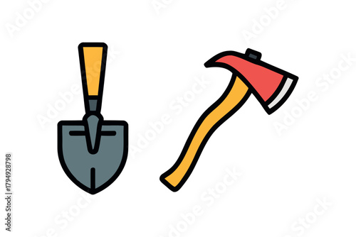 Illustration of a shovel with a wooden handle and a red axe with a wooden handle on a white background vector, illustration, artwork