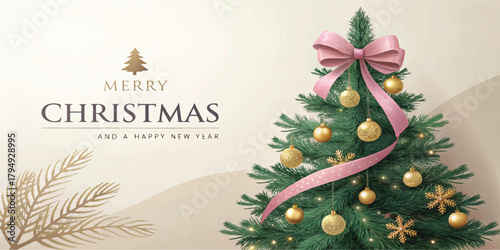 Festive Christmas card illustration featuring a decorated tree with pink ribbon, golden ornaments, gift box, soft shadows, and elegant “Merry Christmas and a Happy New Year” text on a warm background.