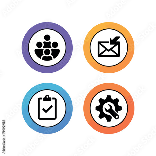 Four circular icons displaying a group of people, email, checklist, and gear with wrench symbol vector, illustration, artwork