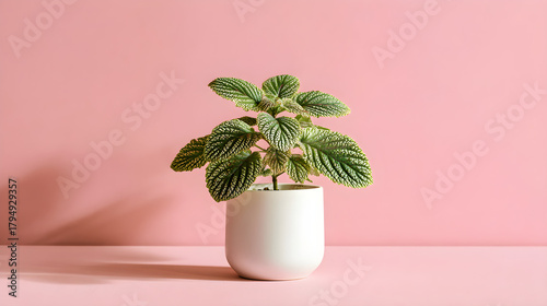 Green leafy plant in white pot on soft pink surface