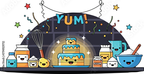 Cute pixel art celebration with tiered cake and baking ingredients in a kitchen setting