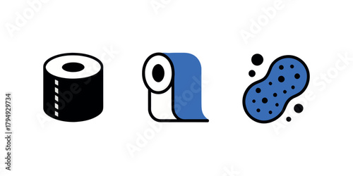 A black paper towel roll, a blue toilet paper roll, and a blue sponge on a white background vector, illustration, artwork
