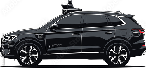 Black autonomous S U V with lidar sensors and cameras, autonomous vehicle, self driving car, suv, car, vehicle, technology, future, transportation, lidar, sensor, camera, artificial intelligence, ai, 