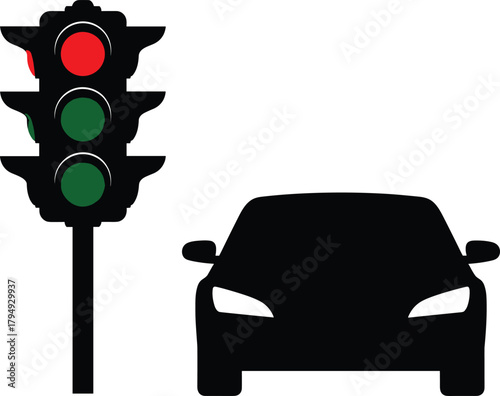 Black car silhouette at red traffic light red light, traffic light, red light, car, automobile, silhouette, black, stop, waiting, intersection, road, transportation, vehicle, driving, safety, regulati