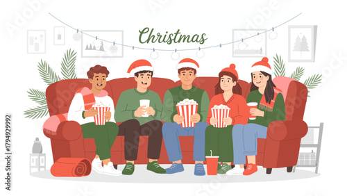 Cozy Christmas Gathering: A group of friends embraces the holiday spirit, gathered on a comfortable couch, sharing popcorn and enjoying the festive season together.