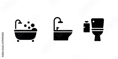Three bathroom icons in black showing a bathtub with bubbles a toilet and a toilet with accessories vector, illustration, artwork