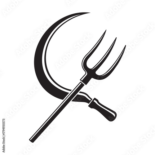 A sickle and a pitchfork crossed, symbolizing agriculture and labor