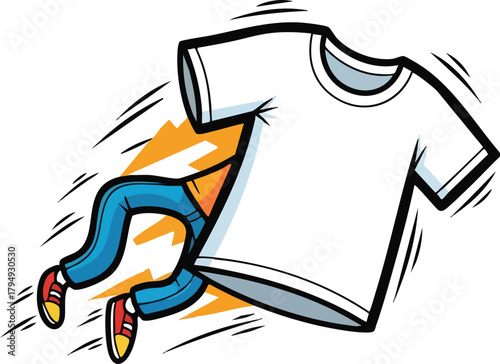 White T Shirt And Blue Jeans Moving Fast With Orange Energy Bursts White Background