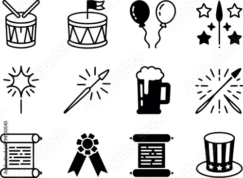 Black and white icons of celebration and patriotic symbols drum drumsticks