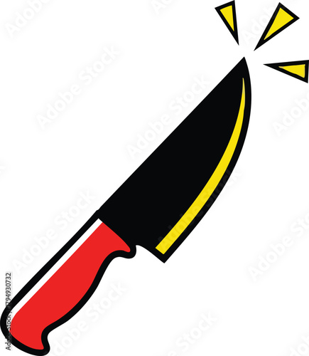 Sharp Chef Knife with Red Handle and Yellow Accents on White Background