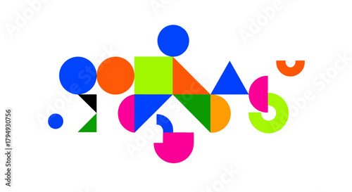 Colorful abstract geometric design with circles, squares, triangles, and semicircles.