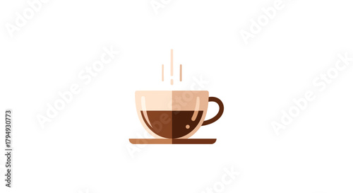 A minimalist flat design illustration of a steaming hot cup of coffee on a saucer.