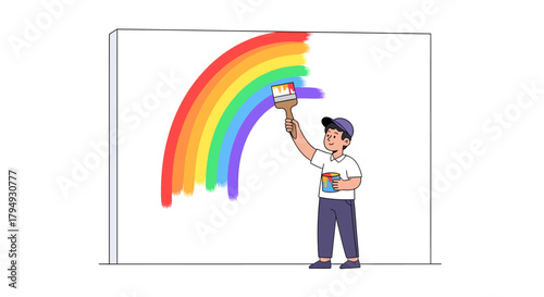 A young person with a cap is painting a vibrant rainbow on a white wall with a paintbrush.