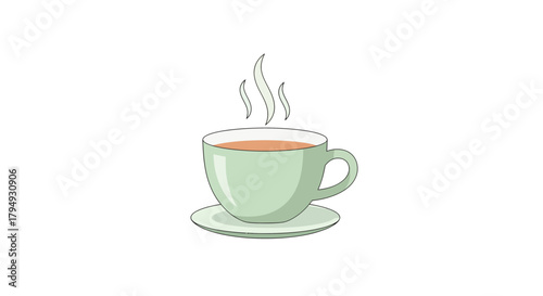 Illustration of a light green cup of tea with steam on a saucer.