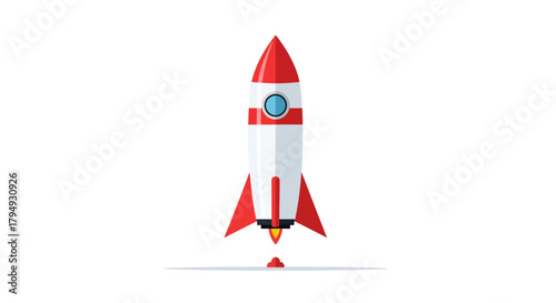 A stylized illustration of a red and white rocket ship with a blue window, launching with flames from its base against a white background.