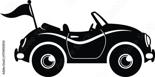 Black convertible car with flag illustration auto vehicle, car, convertible, auto, vehicle, black, white, silhouette, flag, banner, pole, wheels, tires, headlights, windshield, steering wheel, doors, 
