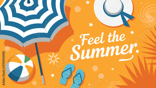 Blue and white beach umbrella with striped ball and flip flops summer vacation