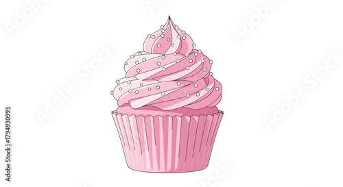 Pink dessert cupcake with cream icing isolated on a white background for a sweet bakery celebration