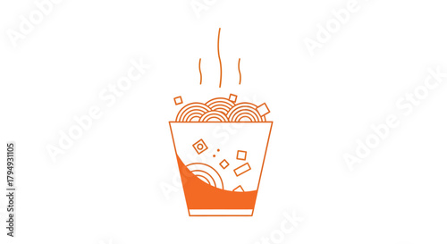 A stylized illustration of a cup of steaming noodles with broth and various toppings.