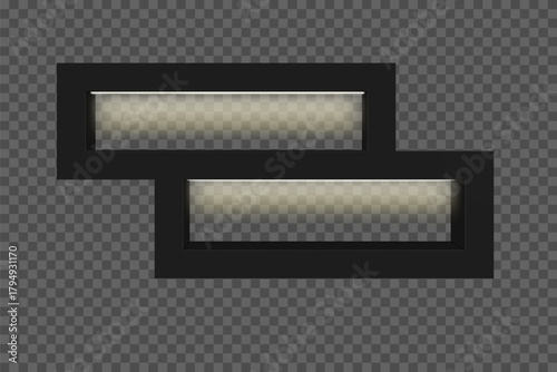 Black bookshelf with offset shelves and built-in lighting. Modern 3D design for books and presentations on a transparent background. Isolated light. Vector illustration.