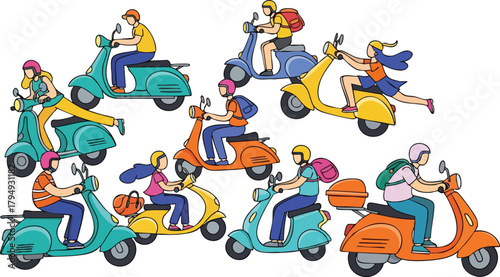 Group Of People Riding Scooters In Various Colors With Backpacks And Bags On White Background