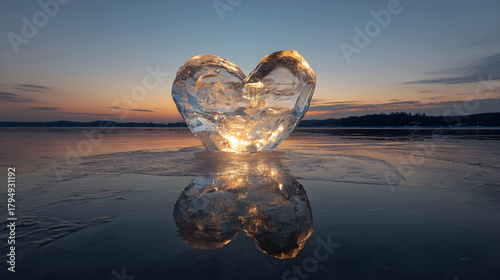 Fototapeta Naklejka Na Ścianę i Meble -  Ice Heart Sculpture Illuminated from Within, Floating on Calm Sunset Waters