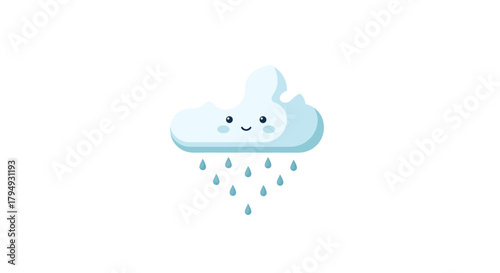 A cute cartoon cloud with a smiling face raining raindrops on a plain white background, a whimsical weather illustration.