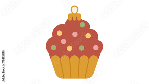 Festive Ornament Cupcake: A cheerful, ornament-shaped cupcake, adorned with colorful sprinkles, hangs, ready to bring holiday joy and warmth. 