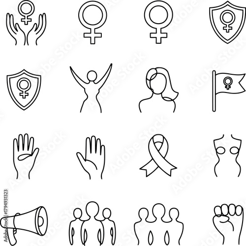 Female gender symbols hands shield flag ribbon and figures female symbol venus symbol