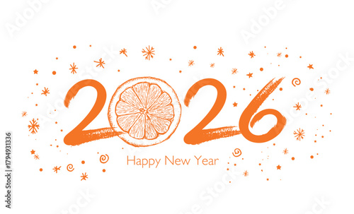 New Year 2026 card on white, postcard, hand drawn illustration.	
