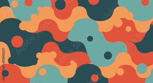 Abstract, colorful, flowing shapes and patterns in a seamless, repeating design.