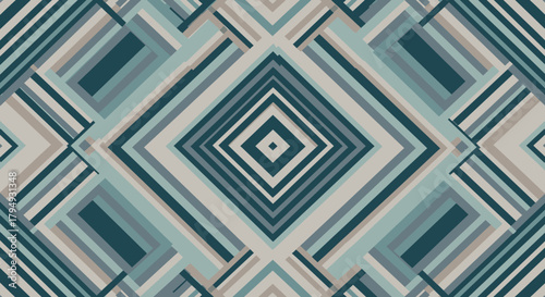 Geometric pattern featuring a symmetrical arrangement of diamond shapes and lines, in various shades.