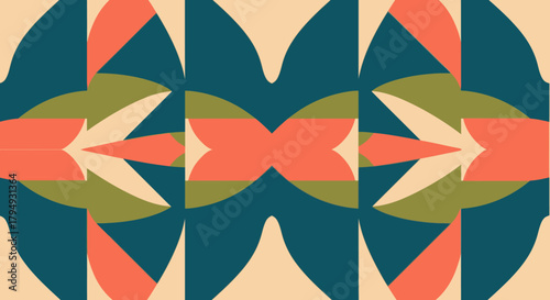 Abstract geometric pattern featuring repeating shapes in various colors, creating a symmetrical design.