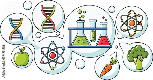 Colorful Science And Health Icons With DNA Molecules And Lab Equipment On White Background