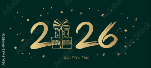 Happy New Year 2026 Greeting Card with Golden Brush Strokes	
