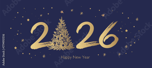Happy New Year 2026 Greeting Card with Golden Brush Strokes	
