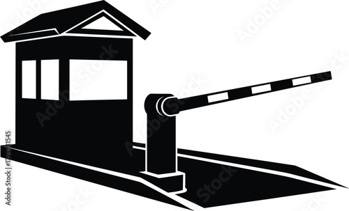 Black security booth with barrier arm and white stripes, security booth, barrier arm, gate, entrance, checkpoint, control, access, restricted, stop, traffic, road, building, structure, black and white