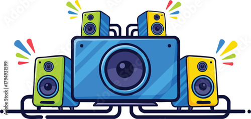 Pixel Art Audio System With Large Blue Speaker And Small Green And Yellow Speakers Producing Sound Waves