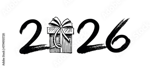 Happy New Year 2026 Greeting Card with Black Brush Strokes	

