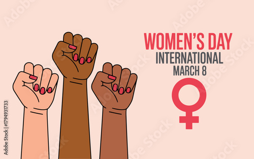 International Womens Day three fists raised with female symbol and text march 8 raised fist