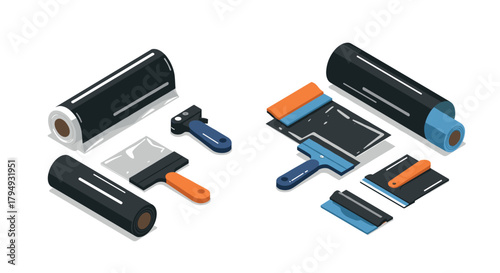 Tools for window film installation with squeegee and wrapping roll in modern isometric design