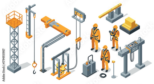 Isometric construction equipment and workers set with safety gear and tools