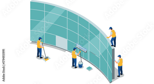Isometric cleaning crew working on curved glass building façade