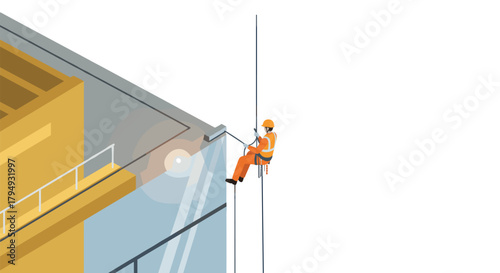 Isometric worker on suspended rope cleaning building glass facade