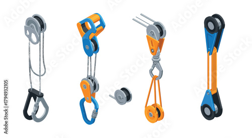Isometric mechanical pulley systems in blue and orange for engineering solutions
